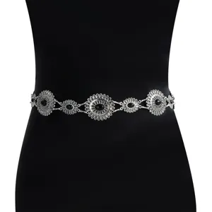 Vintage silver-tone metal waist chain with floral motifs and black stones for women gothic style
