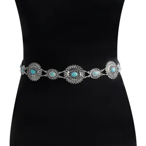 Vintage Antique Silver Flower Waist Chain Turquoise Alloy Body Belt Gothic Jewelry Style