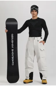 Men winter thick waterproof cargo ski pants detail shot, professional outdoor snow gear.