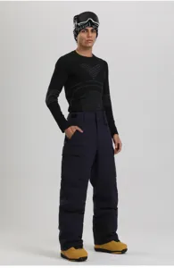 Detailed view of mens winter waterproof ski cargo pants featuring utility pockets.