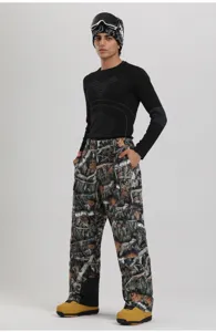 Men's thickened waterproof outdoor camo ski pants with straight leg design for winter sports.