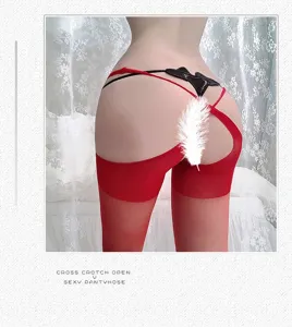 Sexy red pantyhose with cross straps and open crotch design for women lingerie fashion.