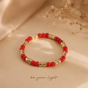 New Chinese Style Women Faux Coral Beaded Bracelet Alloy Round Beads Single Strand Elastic Elegant Fashion Jewelry Gift For Birthday