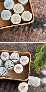 Decorative washi tape set featuring cute winter spotted dogs, numbers, and letters design.