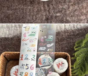 Decorative washi tape featuring cute dog illustrations, numbers, and letters for journaling.