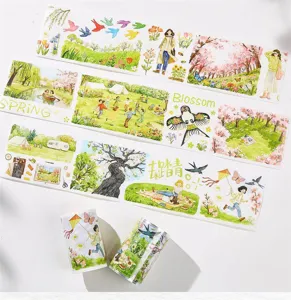 Spring theme decorative washi tape set, watercolor landscape and character sticker rolls.