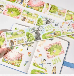 Spring scenery decorative washi tape, cute floral illustration planner stickers for DIY crafts.