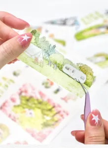 Spring camping scenery decorative PET tape detail view for journal and DIY craft decoration.