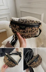 Leopardmuster Brusttasche Detail mit goldener Kette, breitem Gurt und strapazierfähigem Stoff.