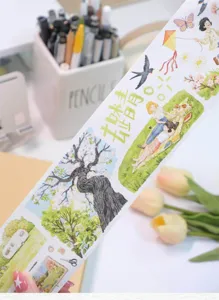 Spring scenery decorative washi tape die-cut journaling sticker roll for DIY crafts.