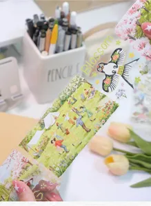 Spring picnic themed decorative washi tape detail shot, transparent PET material scenery sticker.