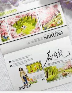 Detailed shot of spring theme die-cut washi tape, featuring cherry blossom and landscape designs.