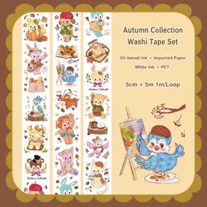 Cute retro autumn animal washi tape set for journaling, decorative adhesive tape for crafts.