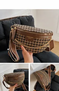 Retro Hahnentritt Brusttasche für Damen, stilvolle Umhängetasche mit Kette und breitem Gurt.