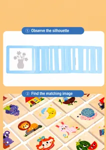 Jeu éducatif de puzzle d'association d'ombres pour enfants avec cartes et blocs.