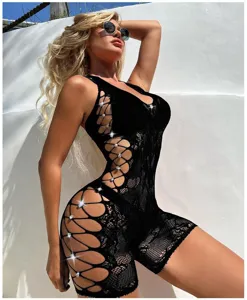 Women sexy sheer mesh rhinestone bodysuit hollow out slim fit seductive party lingerie