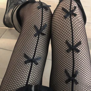 Black fishnet tights with cute bows gothic Lolita pantyhose for women main product view