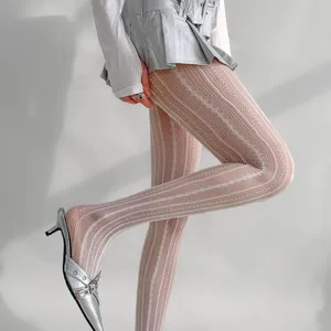 Spring hollow-out striped pantyhose, sexy vertical jacquard lace tights for women.