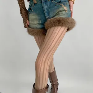 Detailed view of spring autumn thin striped jacquard cable knit pantyhose, sexy sheer tights.