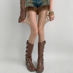 Detailed view of women hollow striped pantyhose, sexy vertical jacquard knit tights for spring autumn.
