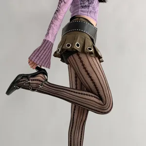 Spring thin striped hollow-out pantyhose sexy vertical jacquard lace tights style.