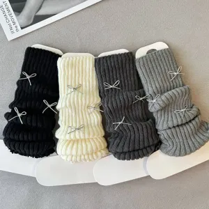 Knit leg warmers with cute silver bows, Japanese JK style winter warm calf socks.