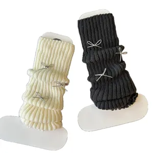 Knitted leg warmers Y2K Lolita JK bow boot cuffs winter warm socks 2 pairs set white grey