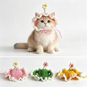 Handmade crochet cute pet cat hat with small flower, lovely headwear detail for styling.