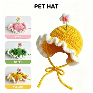 Handmade crochet pet hat with cute flower decor, soft knitted kitten puppy headwear, adjustable strap.