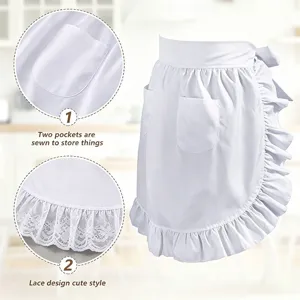 Tablier blanc avec bordure en dentelle et double poche, style mignon pour cuisine et fete.
