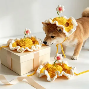 Handcrafted crochet pet hat with cute flower design, ideal for adorable cats and dogs.