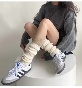 Knitted leg warmers autumn winter wool color block slouchy warm grey calf socks for women