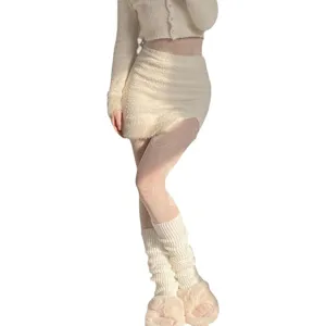 White fuzzy cardigan skirt set with cute heart fishnet stockings and plush slippers for women