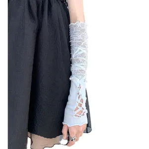 Manicotti in pizzo bianco Lolita nastro lacci maglia lunghi guanti stile dolce cool