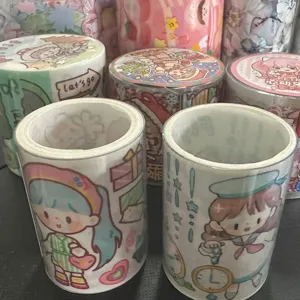Clear plastic storage tubes for washi tape and PET tape loops cute anime illustration design.