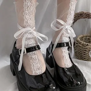 Damen Japanisch Lolita Spitze Riemen Schleife Mesh Socken Sommer Dünn Glasside Süß Gerüscht Mode Strumpfwaren