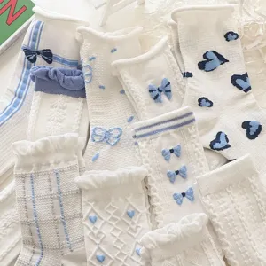 Chaussettes nœud bleu et blanc femme mi-tube tendance doux respirant été fin chaussettes longues