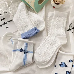 Chaussettes bleu et blanc noeud femme mi-mollet tendance style doux dentelle ete fin respirant