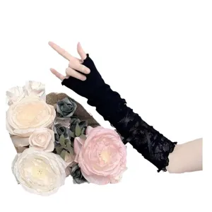 Mangas largas de encaje negro lolita estilo dulce cool cinta corbata guantes sin dedos