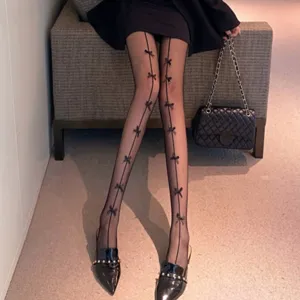 Black fishnet tights with vertical bow design, sexy Japanese lolita pantyhose for women main