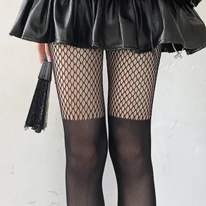 Fake two-piece fishnet tights for women, black sheer mesh splicing hosiery, sexy JK style.