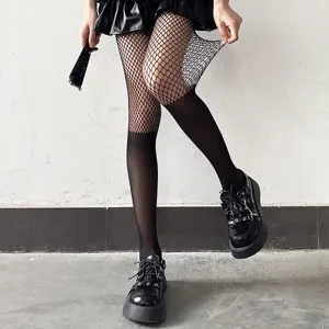 Black fishnet splice pantyhose fake two-piece over-the-knee tights detail view style.