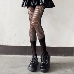 Sexy fishnet pantyhose fake two-piece over knee socks gothic dark style hot girl stockings