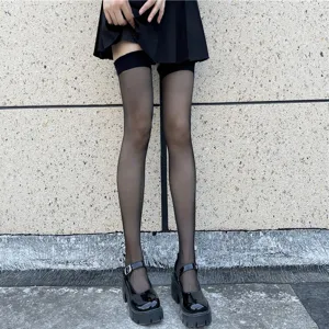 Schwarze transparente Oberschenkelstrümpfe für Damen über dem Knie feine Strümpfe Socken.