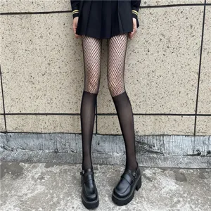 False two-piece fishnet tights, gothic punk JK style over-the-knee spliced pantyhose for women.