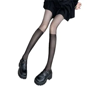 Sexy mock two-piece fishnet over-the-knee tights for women, stylish black hosiery main.