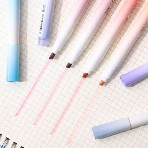 Pastel highlighter pens detail view showing soft aesthetic color swatches on grid paper for notes.