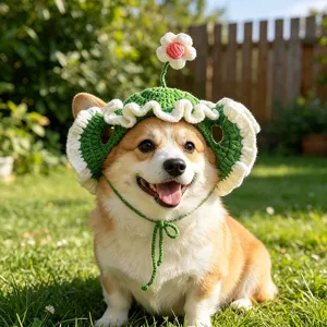 Handmade crochet pet hat with cute flower design, comfortable green and white headwear for dogs.
