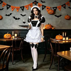 Ensemble de costume de bonne pour Halloween avec robe noire, tablier blanc et bas assortis.