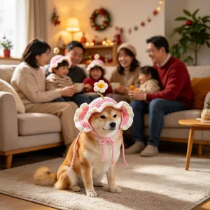 Handmade crochet pet hat with cute flower design, cozy lifestyle detail shot for dogs and cats.
